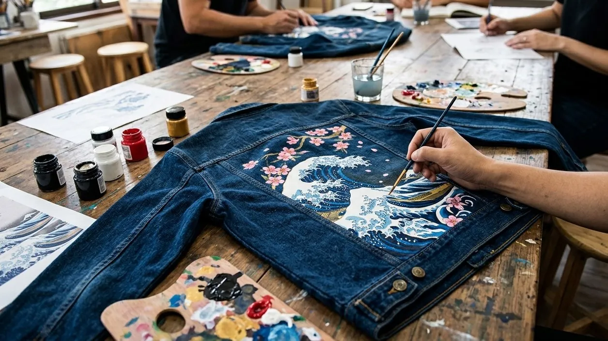 Uczestniczki warsztatu malujące wzory na jeansowych kurtkach